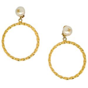 Chanel Hoop Earrings Gold Artificial Pearl Clip-On 96A 144345